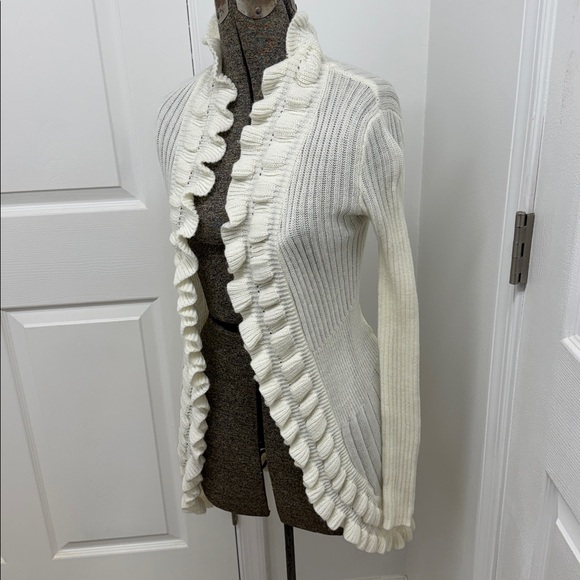 Women's Say What size Small Cream Ruffle Open Cardigan Sweater - Picture 3 of 6